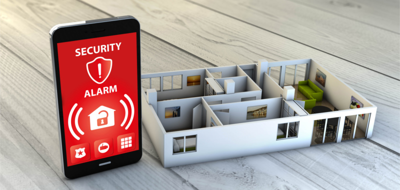 security alarm app on a digital generated smartphone with a flat mock-up. All screen graphics are made up.