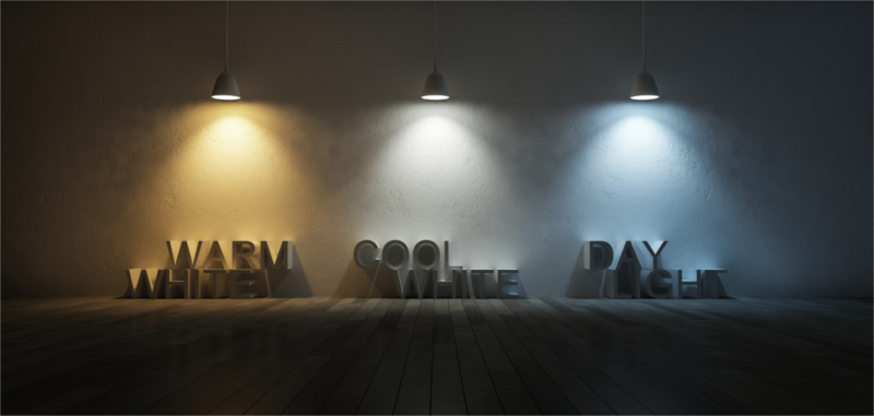 3Ds rendered image of 3 hanging lamps which use different bulbs. Color temperature scale. Cool white,warm white, day light. 3 colors of light on the cracked concrete wall and wooden floor